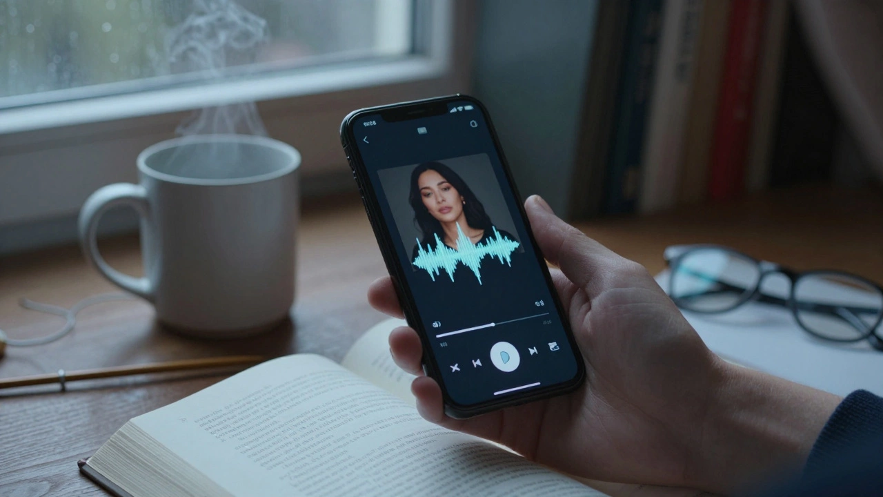 A hand holds a phone displaying a voice note, surrounded by a mug, book, and knitting needles in a quiet room.